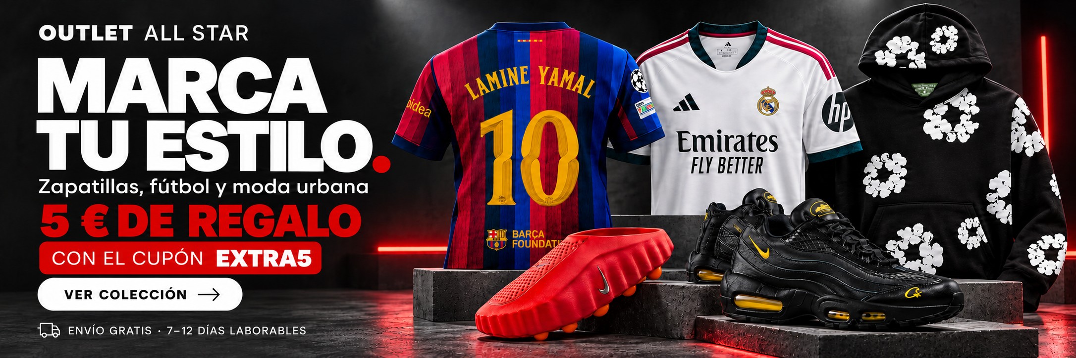 Banner Outlet All Star: zapatillas, fútbol y moda urbana. 5 € de regalo con el cupón EXTRA5